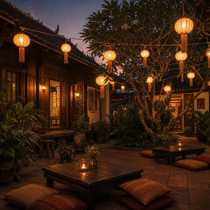 ลานเกสต์เฮาส์ล้านนายามค่ำใต้โคมกระดาษสีส้ม