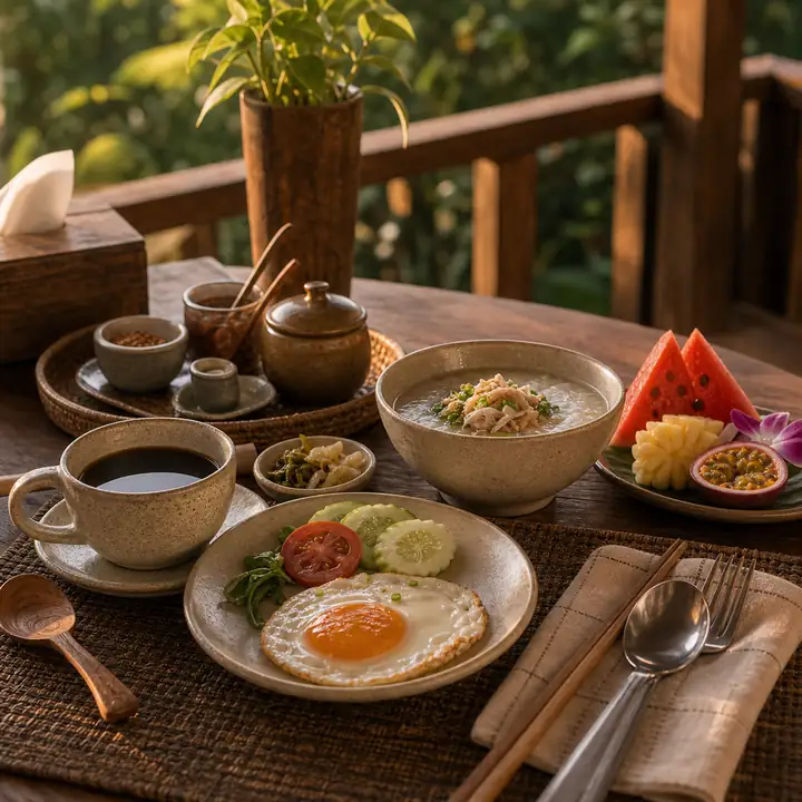 อาหารเช้าไทยบนระเบียงไม้พร้อมกาแฟดอย ไข่ดาว ข้าวต้ม และผลไม้