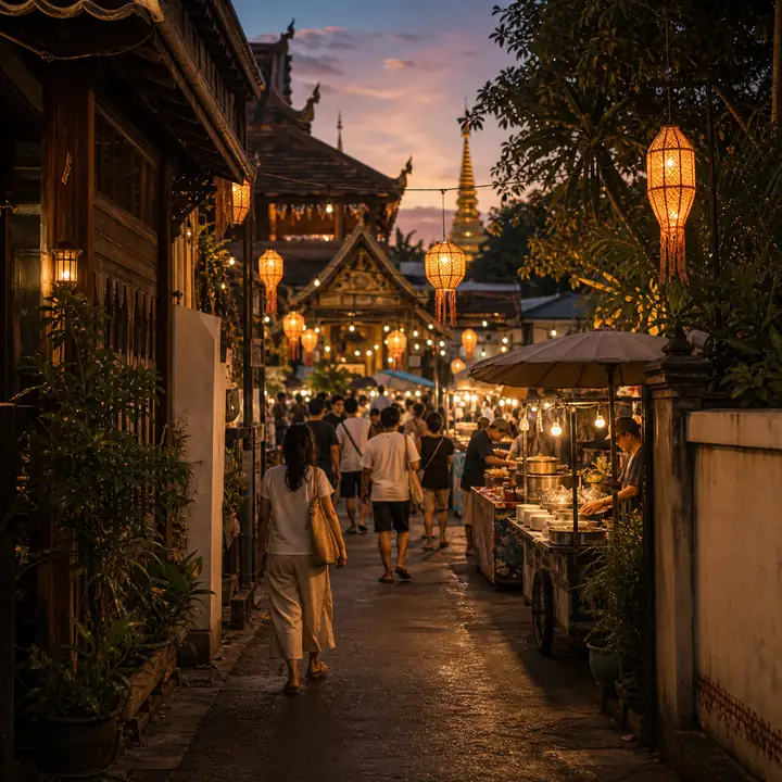 ตรอกเมืองเก่าเชียงใหม่สู่ถนนคนเดินพร้อมรถเข็นอาหารและโคมไฟ