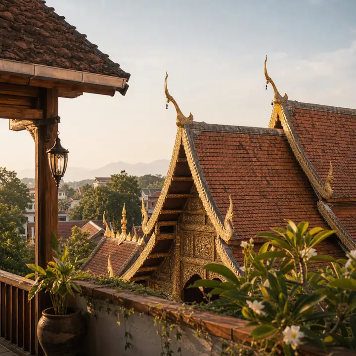 หลังคาวัดล้านนามองจากดาดฟ้าเกสต์เฮาส์ยามเช้า